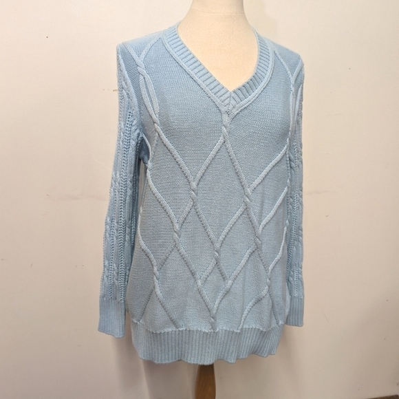 LANE Bryant Baby Blue Unique V Neck Cable Cotton Sweater 14/16 - Picture 1 of 7